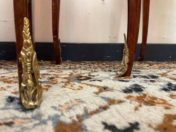 FLASH SALE ! Was 395 now 320 ! Pair of Marquetry & Brass Occasional Tables with Marble Tops.
