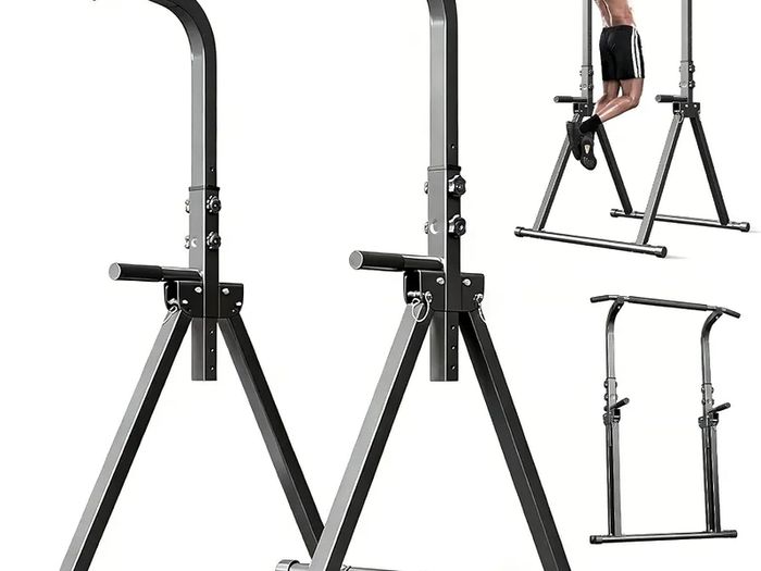 Foldable Power Tower Pull Up and Dip Station Free Standing 6 Level Adjustable 175-210 cm Stable Triangular Base Space Saving Home Gym Equipment