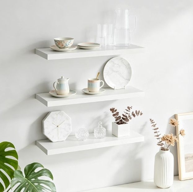 3PCS Floating Shelves for Wall, Modern Seamless Mounting, Wooden Wall Mounted Shelves for Living Room, Bedroom, Bathroom,Kitchen, Home Office, Laundry Room (White)