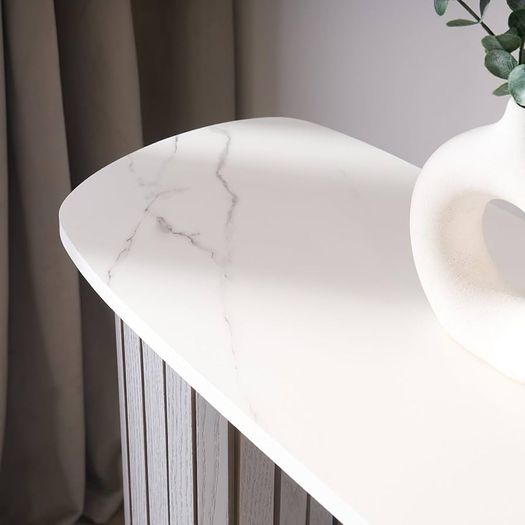 Wooden Console Hallway Table, White Marble Top Slim Console Table Grey Madison Ribbed Wood Frame Decorative Display Table for Living Room Entryway Small Spaces