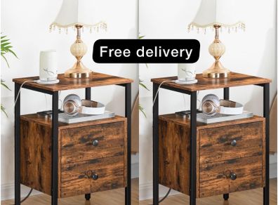2 Bedside Table, Side Table with Charging Station