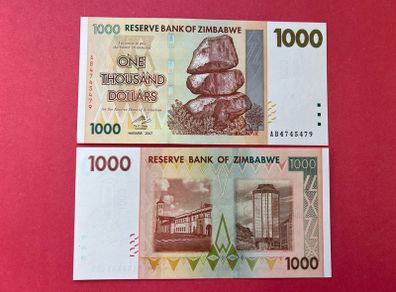 Zimbabwe  1,000 Dollars  2007 . Pick  71a  VERIFIED UNDER UV LIGHT .( Uncirculated )