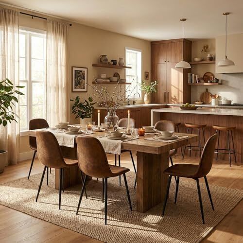 Set of 6, Upholstered Kitchen & Dining Room Chairs with Comfortable Padded Seat (Faux Suede, Brown)