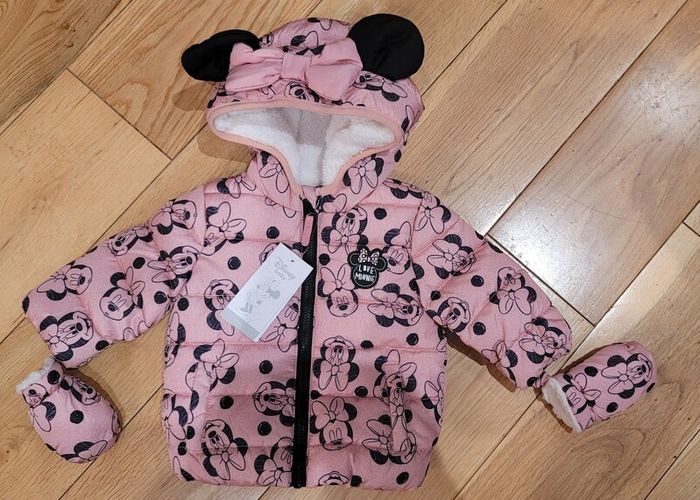 Official Disney Minnie Mouse Fleece Lined Baby's Puffer Jacket with Matching Mittens