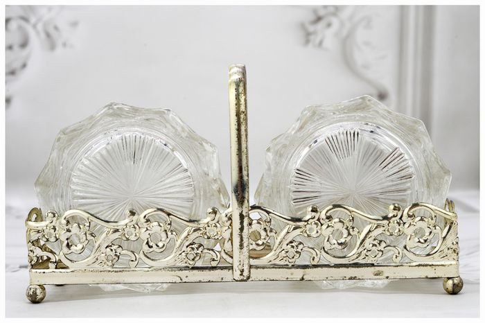 Vintage Midcentury Glass Coasters & Silver Holder-Set of Twelve