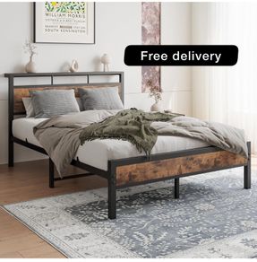 Double Bed Frame with Wooden Storage Shelf Headboard