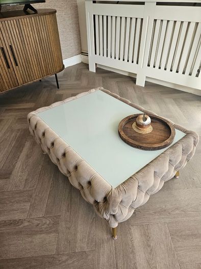 Velvet button-tufted coffee table with glass top