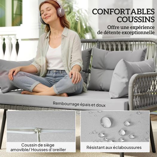 2-Seater Woven Resin Garden Sofa with Cushions and Pillows, Outdoor Sofa with Armrests, Dark Gray