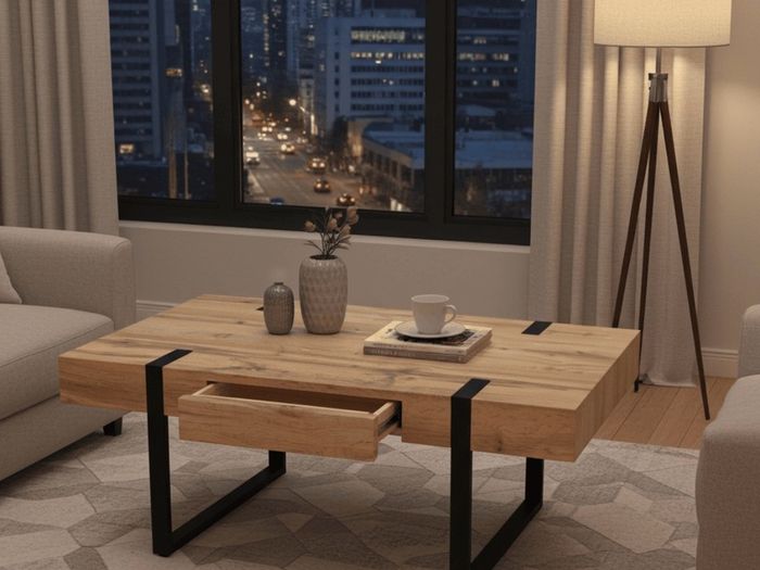 Ines Industrial Coffee Table with Drawer Oak Top