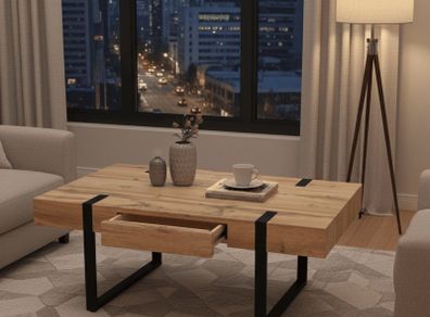 Ines Industrial Coffee Table with Drawer Oak Top