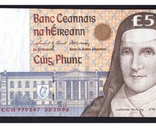 1996 Ireland IR5 Catherine McAuley Banknote Series C. Note issued 05/12/96. Serial number CGH979147
