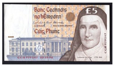 1996 Ireland IR5 Catherine McAuley Banknote Series C. Note issued 05/12/96. Serial number CGH979147