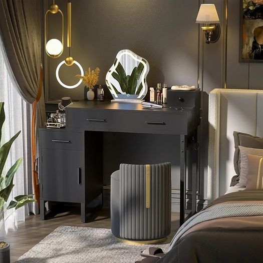 Dressing Table Vanity Desk with 4 Storage Drawers - Modern Makeup Desk with Charging Station, Vanity Desk with Reversible Cabinet Table Set with Divided Organizers for Women Girls