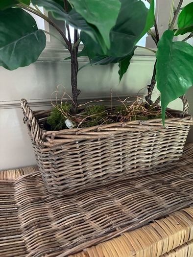 Washed rattan planter console or centrepiece with timer lights