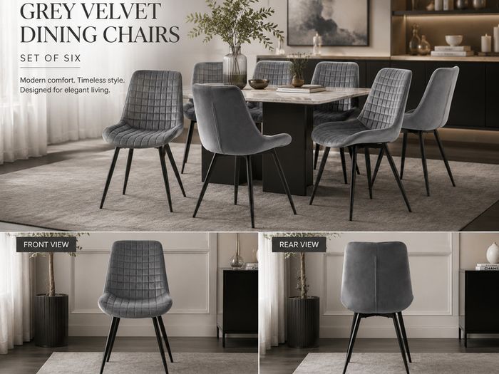 Set of 6 Grey Velvet Dining Chairs