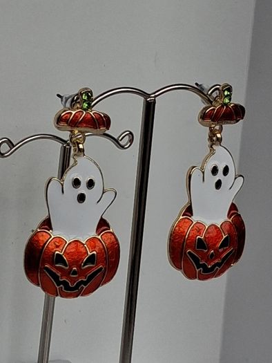 Cute Enamel Ghost in Jack O' Lantern Pumpkin Earrings