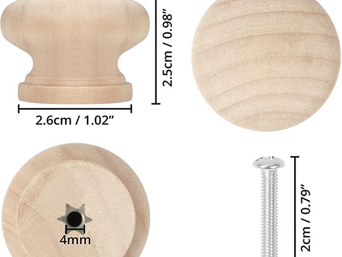 40 Pack of Round Unfinished Wood Knobs with Screws - 3.4 x 2.5cm / 1.34 x 0.98 Inches - Natural Wooden Birch Door Knob Hardware - Furniture Cabinet, Wardrobe, Cupboard & Drawer Pull Handles (FREE POSTAGE)