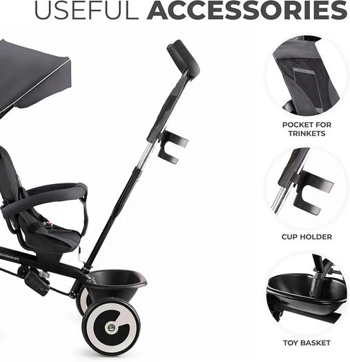 Tricycle, Baby Push Trike, Kids First Bike, Free Wheel Functions, Parenthandle, Footrest, Accessories, Bag, Cupholder, from 9 Months to 5 Years, Gray
