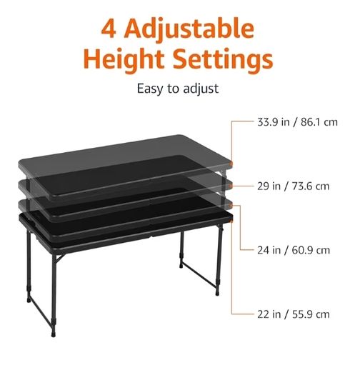 4 Foot Rectangular Folding Table, 4 Adjustable Height Settings with Carrying Handle, Indoor & Outdoor, Portable, Lightweight, Travel Table, Picnic, Camping, Black, 121.4 x 60.7 x 86.1 cm