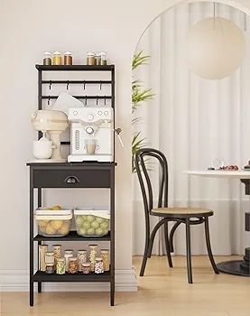 5 Tier Coffee Bar Station, Coffee Stand with Fabric Drawers, 8 S-Shaped Hooks, Corner Bar Cabinet, Height Adjustable, Bakers Rack for Kitchen, Living Room, Black