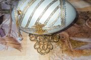 Beautiful Turquoise Hinged Egg Jewelry Box, 4 petal opening Gold Tone filigree borders on stand,