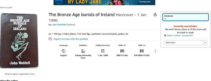 The Bronze Age burials of Ireland Hardcover, Anthropology, John Waddell