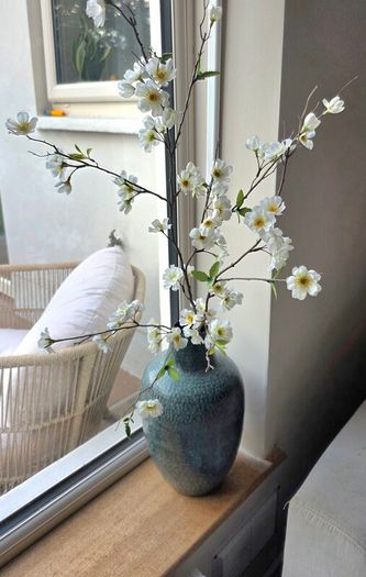 Metal Vase & Fake Peach Blossom Flowers