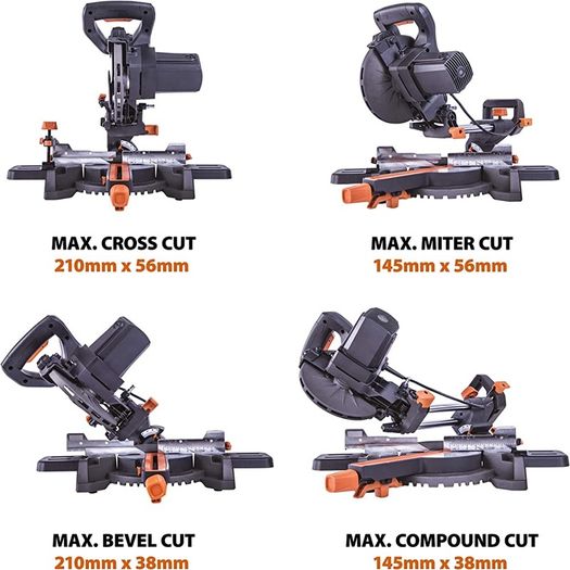 Compound Saw with Multi-Material Cutting, 45 Degree Bevel, 50 Degree Mitre, 210 mm Slide, 1200 W, 210 mm, 230 V, 3 Year Warranty (FREE POSTAGE)