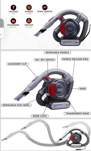 BLACK+DECKER Bagless Hand Vacuum Cleaner Dustbuster with Flexi Hose and 12V Car Connection