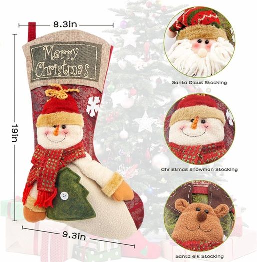 Christmas Stockings, 3 Pack 18" Personalized Xmas Stockings with 3D Snowflake Santa, Snowman, Reindeer for Family Holiday Christmas Party Decorations (FREE POSTAGE)