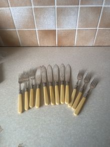 Vintage Set 1960's 6 Etched Fish Knives& 6 Forks stamped JTS @ EP