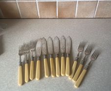 Vintage Set 1960's 6 Etched Fish Knives& 6 Forks stamped JTS @ EP