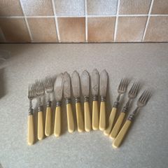Vintage Set 1960's 6 Etched Fish Knives& 6 Forks stamped JTS @ EP