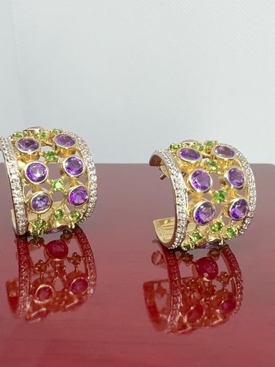 Silver earrings Harry Ivens Amethyst & Chrome Diopside Hoop Earrings