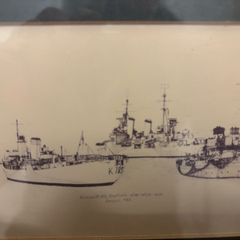 Hand drawn pictures of ww2 battleships all in one frame