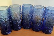 Set Of 5 Vintage Blue Fruit Embossed Design Tumblers / 5 glasses / Neiman Marcus / 1970s