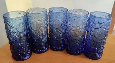 Set Of 5 Vintage Blue Fruit Embossed Design Tumblers / 5 glasses / Neiman Marcus / 1970s