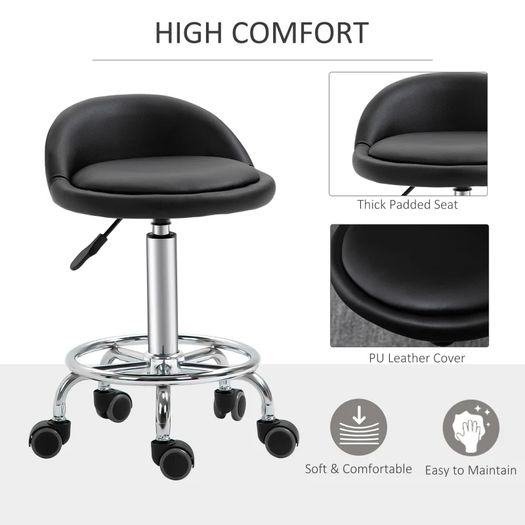 Set of 2 360 swivel rolling stools, seat adjustable 47-62H cm, chrome steel black synthetic upholstery