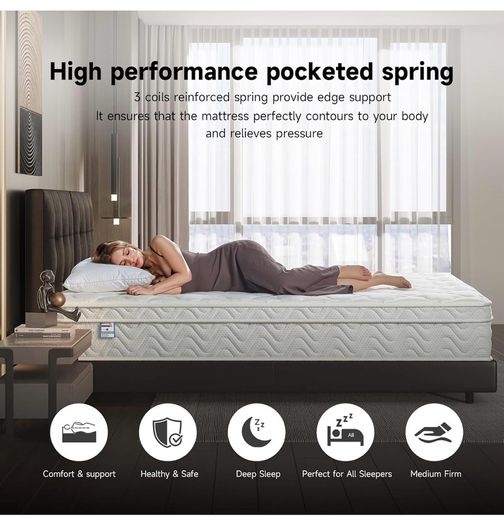 King Size Hybrid Mattress, 10.2 Inch with Breathable Foam and Pocket Spring, Medium Firm, 150x200x26cm
