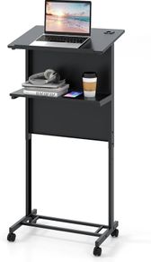 Standing Desk, Height Adjustable, Standing Seat Desk with Wheels, Mobile Standing Desk with Inclined Table Top & Shelf, Laptop Table for Home & Office, Black