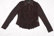 B. Young Dark Brown Black Sheer Mesh Ruffle Frill Textured Gothic Vampire Blouse Top Size L/XL