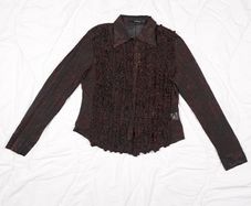 B. Young Dark Brown Black Sheer Mesh Ruffle Frill Textured Gothic Vampire Blouse Top Size L/XL