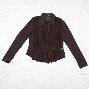 B. Young Dark Brown Black Sheer Mesh Ruffle Frill Textured Gothic Vampire Blouse Top Size L/XL