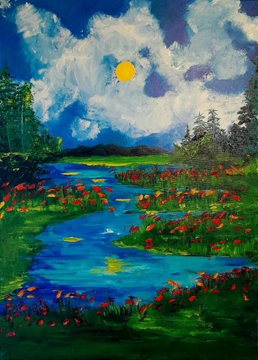 "Lake Spring" Acrylic on 20 x  28 inch canvas panel. Varnished.  Original.