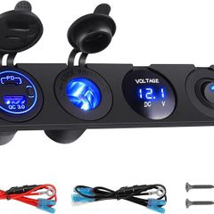 Car Charger Switch Panel with QC3.0 USB & PD Type C Cigarette Lighter Socket LED Digital Voltmeter ON OFF Toggle for 12V 24V Truck Caravan Boat