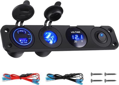 Car Charger Switch Panel with QC3.0 USB & PD Type C Cigarette Lighter Socket LED Digital Voltmeter ON OFF Toggle for 12V 24V Truck Caravan Boat