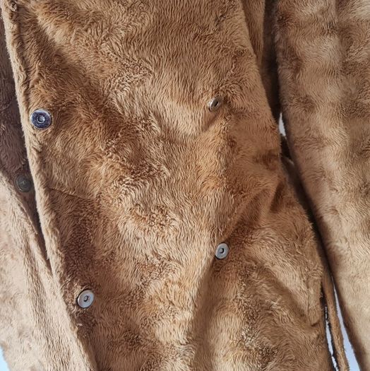 Vintage 1980s 1990s chenille teddy camel colour coat M L glamorous Christmas festive