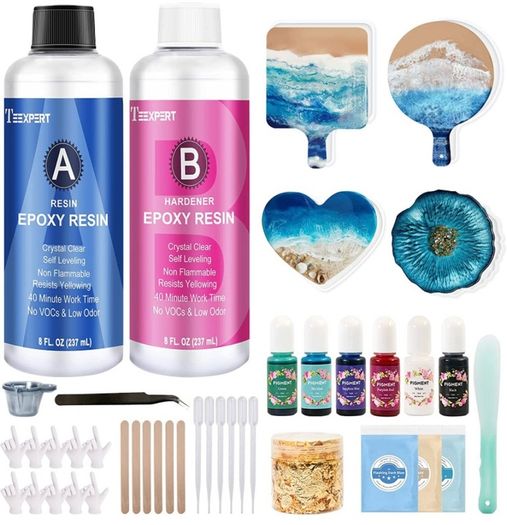 Epoxy Resin Kit for Beginners, 474ml Crystal Clear Resin Starter Kits with Moulds, Pigments, Mica Powder, Gold Leaf, Resin Kit for Coaster Jewelry Tray Coating and Casting (FREE POSTAGE)