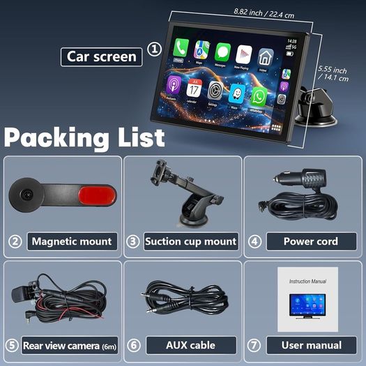 9'' Carplay Screen for Car, Wireless Carplay & Android Auto, Rotatable Car Play Screen with 1080P Backup Camera, Android Auto Screen with Mirror Link, Bluetooth, GPS Navigation, Voice Assistant