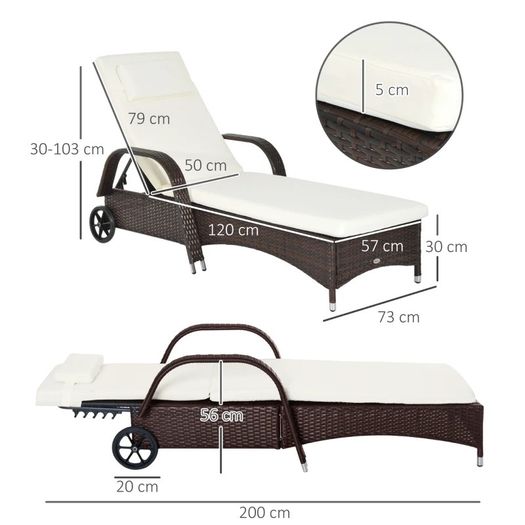 NEW SALE Garden Rattan Furniture Single Sun Lounger Recliner Bed Reclining Chair Patio Outdoor Wicker Weave Adjustable Headrest with Fire Retardant Cushion - Brown